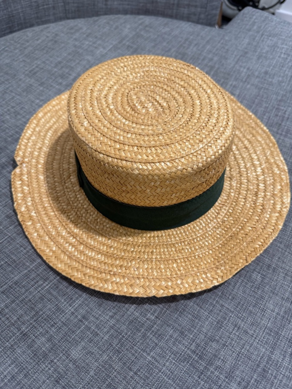 Straw Boater Hat with Dark Green Band